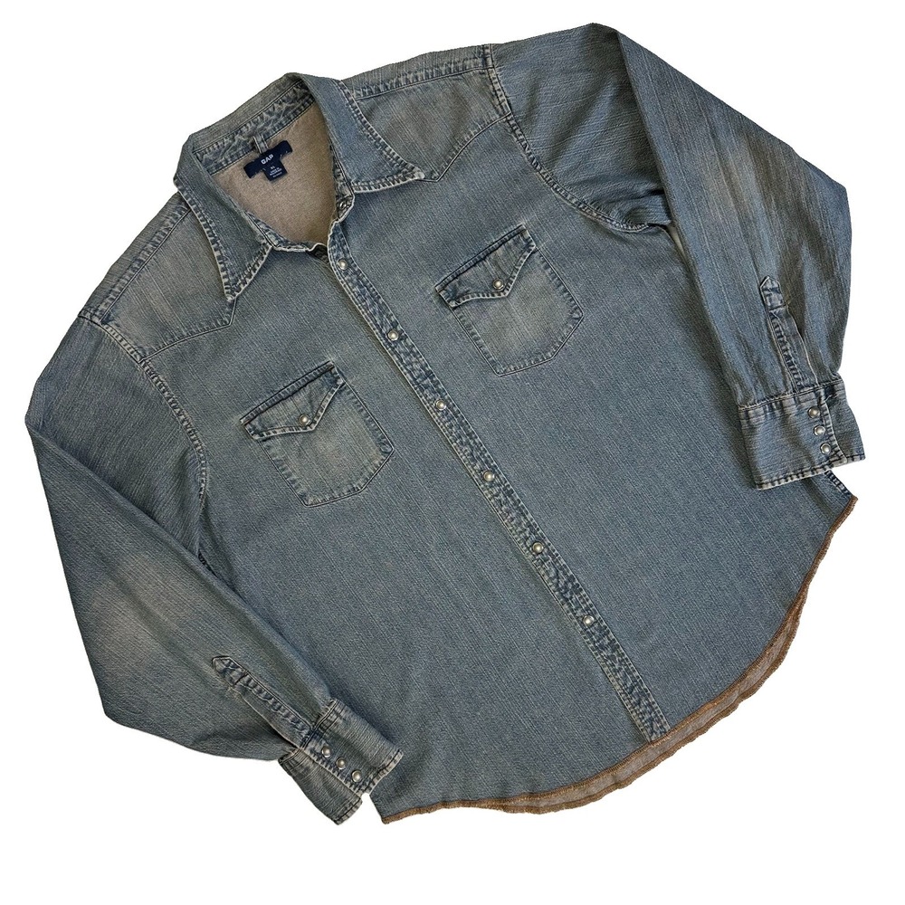 Vintage Gap Chambray Denim Light Wash Button Up Long Shirt Men XL Cotton